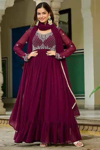 Maroon Embroidered Georgette Festive Wear Gown With Dupatta