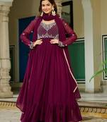 Maroon Embroidered Georgette Festive Wear Gown With Dupatta