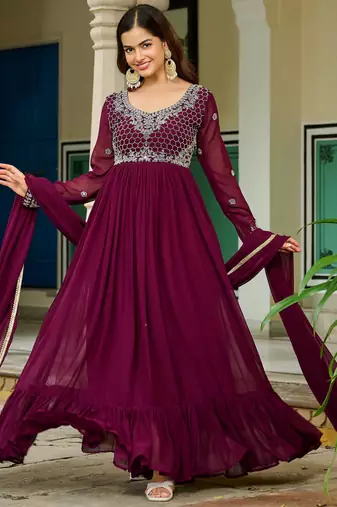 Maroon Embroidered Georgette Festive Wear Gown With Dupatta