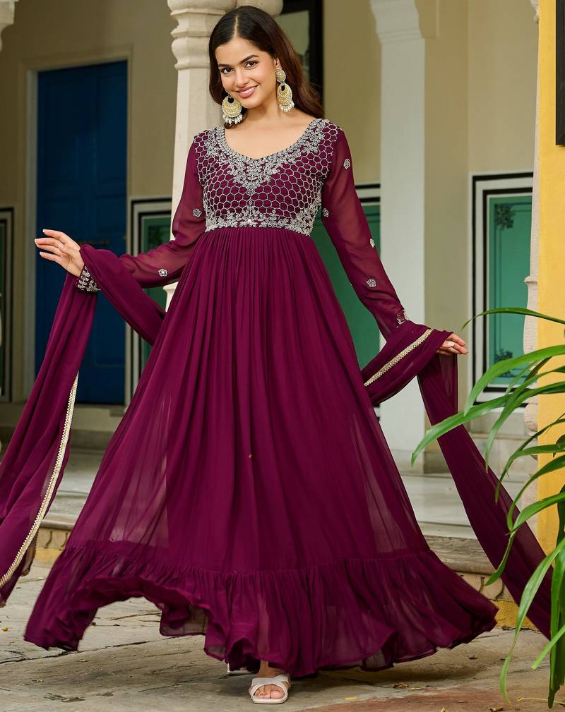 Maroon Embroidered Georgette Festive Wear Gown With Dupatta