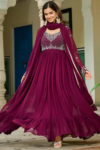 Maroon Embroidered Georgette Festive Wear Gown With Dupatta