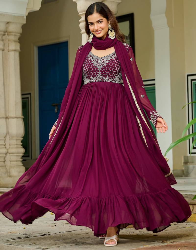 Maroon Embroidered Georgette Festive Wear Gown With Dupatta