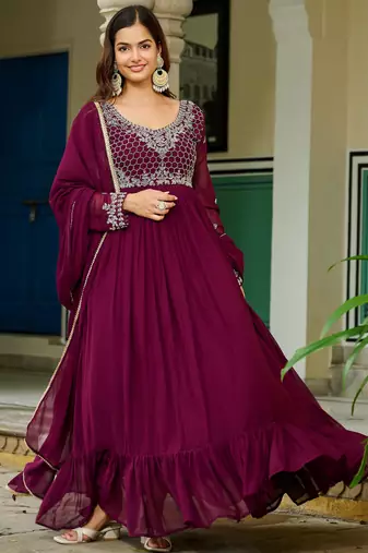 Maroon Embroidered Georgette Festive Wear Gown With Dupatta