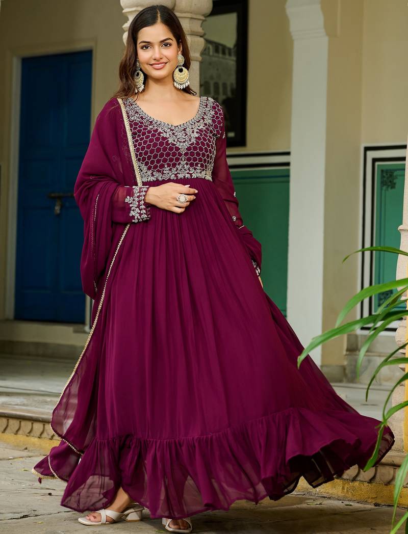 Maroon Embroidered Georgette Festive Wear Gown With Dupatta
