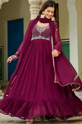 Maroon Embroidered Georgette Festive Wear Gown With Dupatta