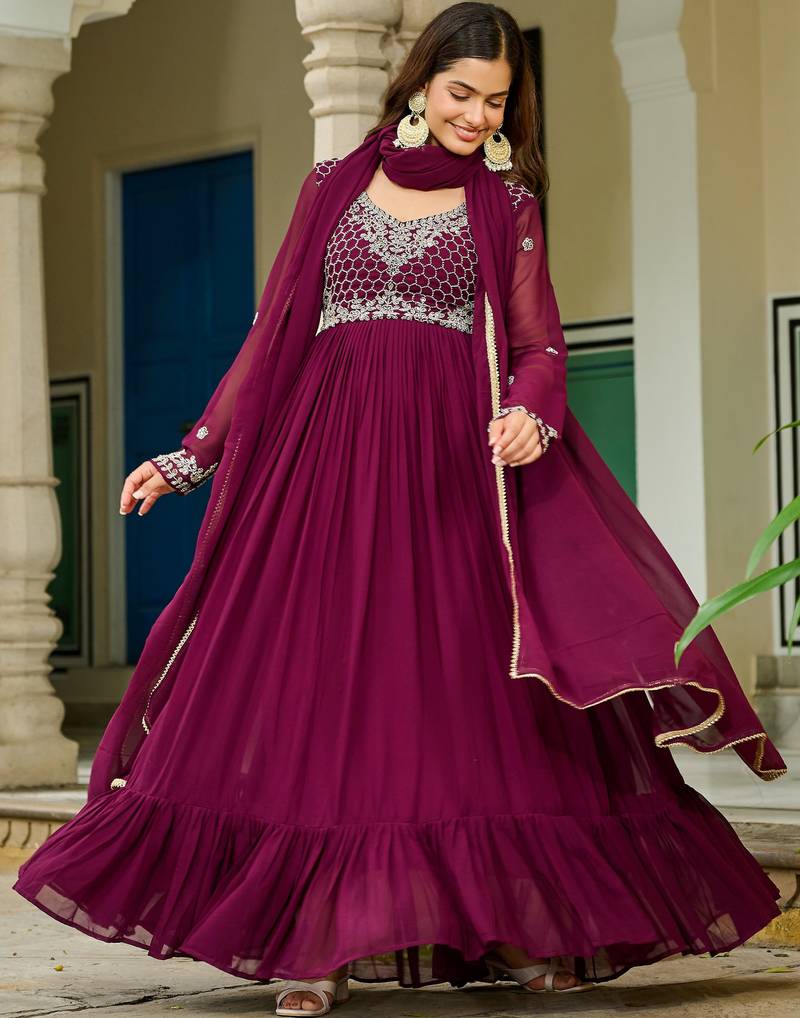 Maroon Embroidered Georgette Festive Wear Gown With Dupatta