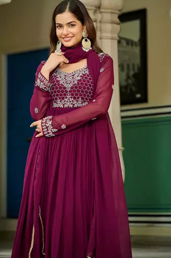 Maroon Embroidered Georgette Festive Wear Gown With Dupatta