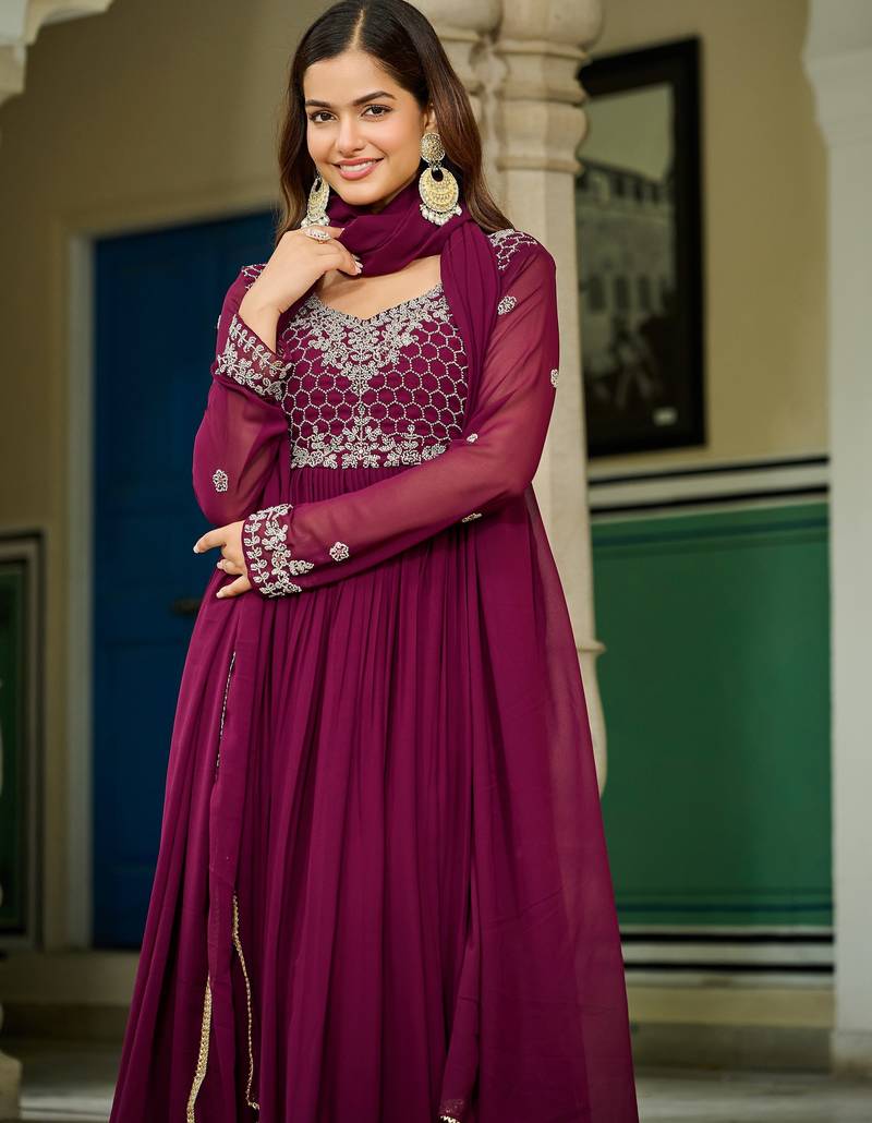 Maroon Embroidered Georgette Festive Wear Gown With Dupatta