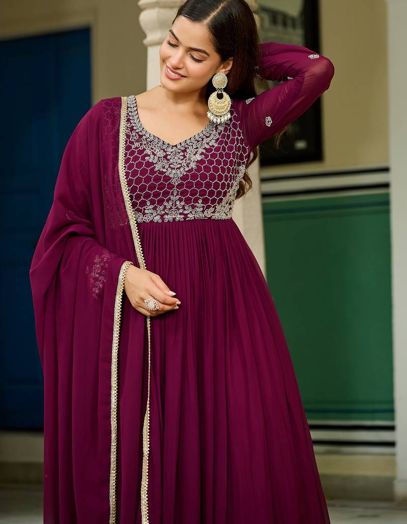 Maroon Embroidered Georgette Festive Wear Gown With Dupatta