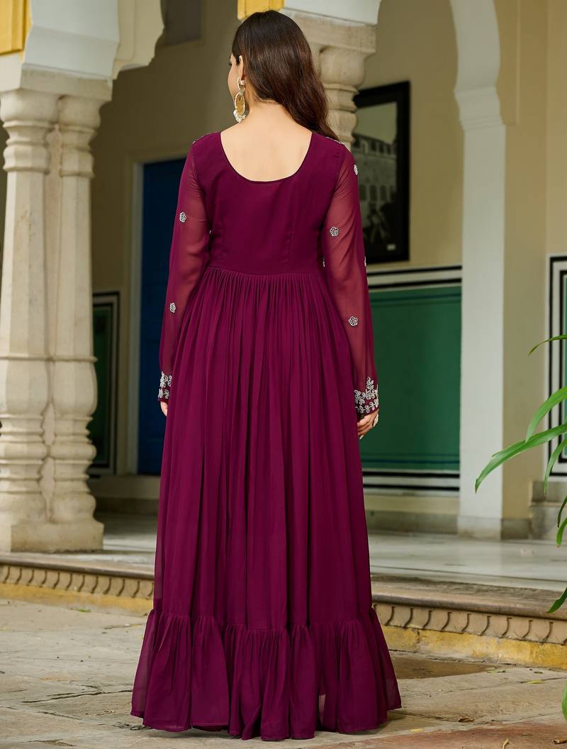 Maroon Embroidered Georgette Festive Wear Gown With Dupatta