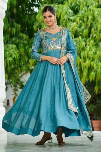 Blue Sequins Silk Function Wear Gown With Dupatta