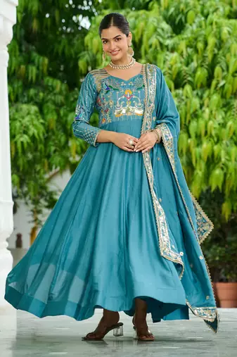 Blue Sequins Silk Function Wear Gown With Dupatta