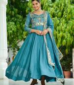 Blue Sequins Silk Function Wear Gown With Dupatta