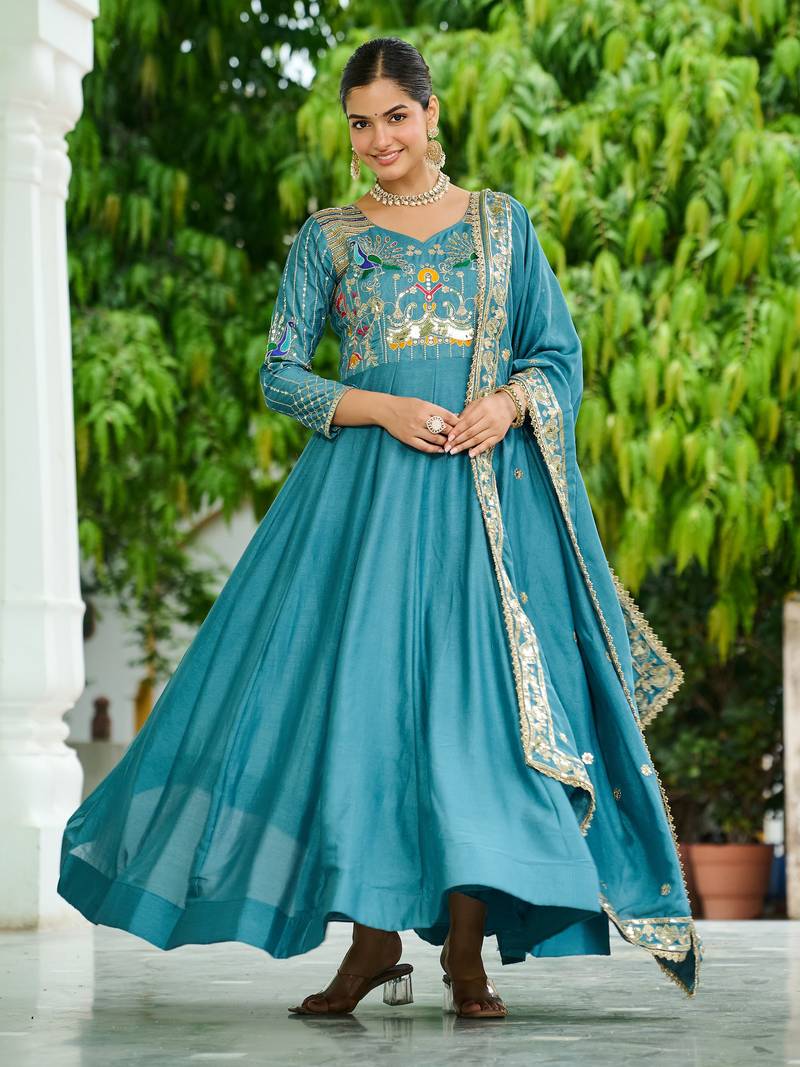 Blue Sequins Silk Function Wear Gown With Dupatta