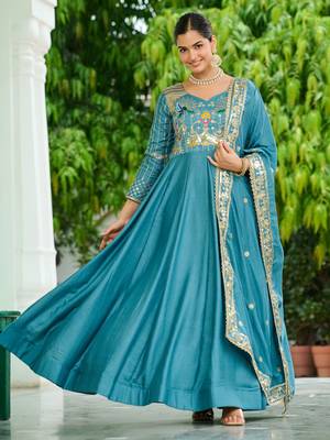 Blue Sequins Silk Function Wear Gown With Dupatta 2