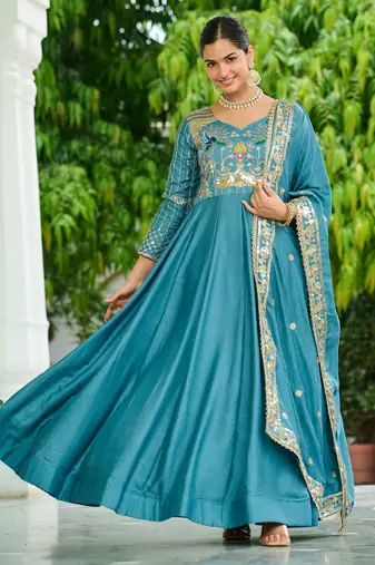 Blue Sequins Silk Function Wear Gown With Dupatta