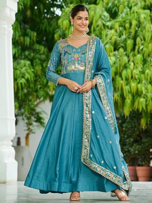 Blue Sequins Silk Function Wear Gown With Dupatta 3