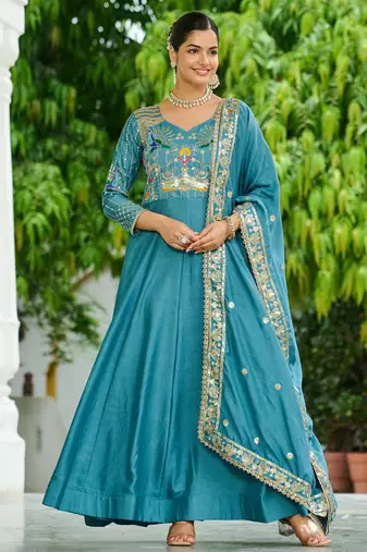 Blue Sequins Silk Function Wear Gown With Dupatta