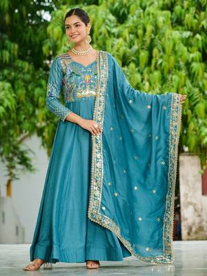 Blue Sequins Silk Function Wear Gown With Dupatta 4