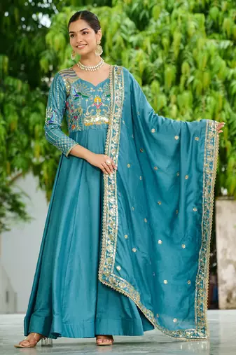 Blue Sequins Silk Function Wear Gown With Dupatta