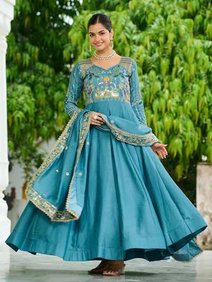 Blue Sequins Silk Function Wear Gown With Dupatta 5