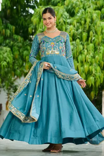 Blue Sequins Silk Function Wear Gown With Dupatta