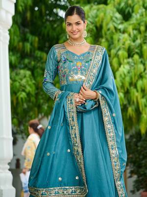 Blue Sequins Silk Function Wear Gown With Dupatta 6