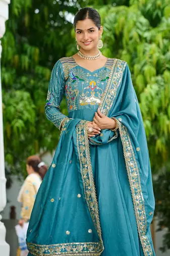 Blue Sequins Silk Function Wear Gown With Dupatta