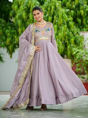 Purple Sequins Silk Festive Wear Gown With Dupatta 1