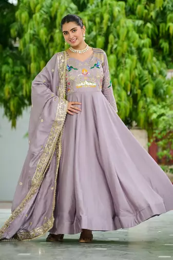 Purple Sequins Silk Festive Wear Gown With Dupatta