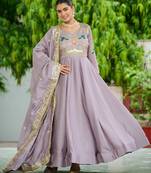 Purple Sequins Silk Festive Wear Gown With Dupatta