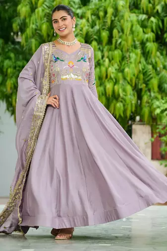 Purple Sequins Silk Festive Wear Gown With Dupatta