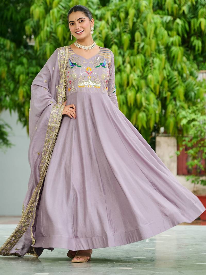 Purple Sequins Silk Festive Wear Gown With Dupatta