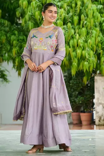 Purple Sequins Silk Festive Wear Gown With Dupatta