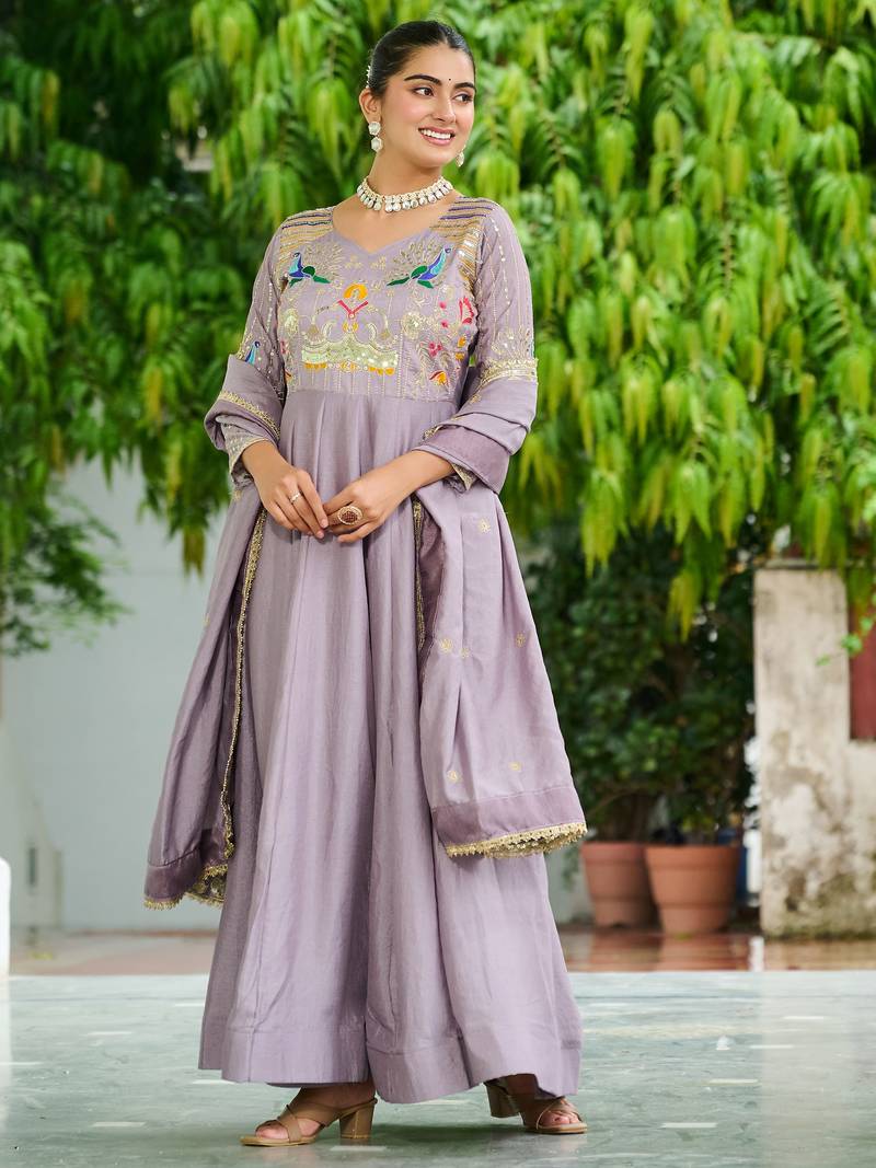 Purple Sequins Silk Festive Wear Gown With Dupatta