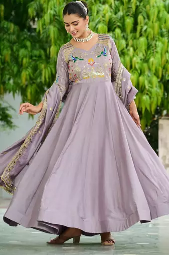 Purple Sequins Silk Festive Wear Gown With Dupatta