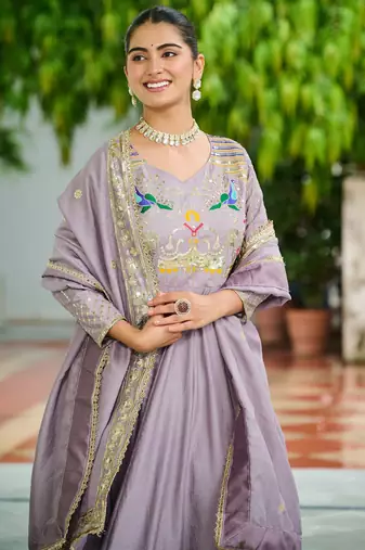Purple Sequins Silk Festive Wear Gown With Dupatta