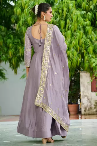 Purple Sequins Silk Festive Wear Gown With Dupatta