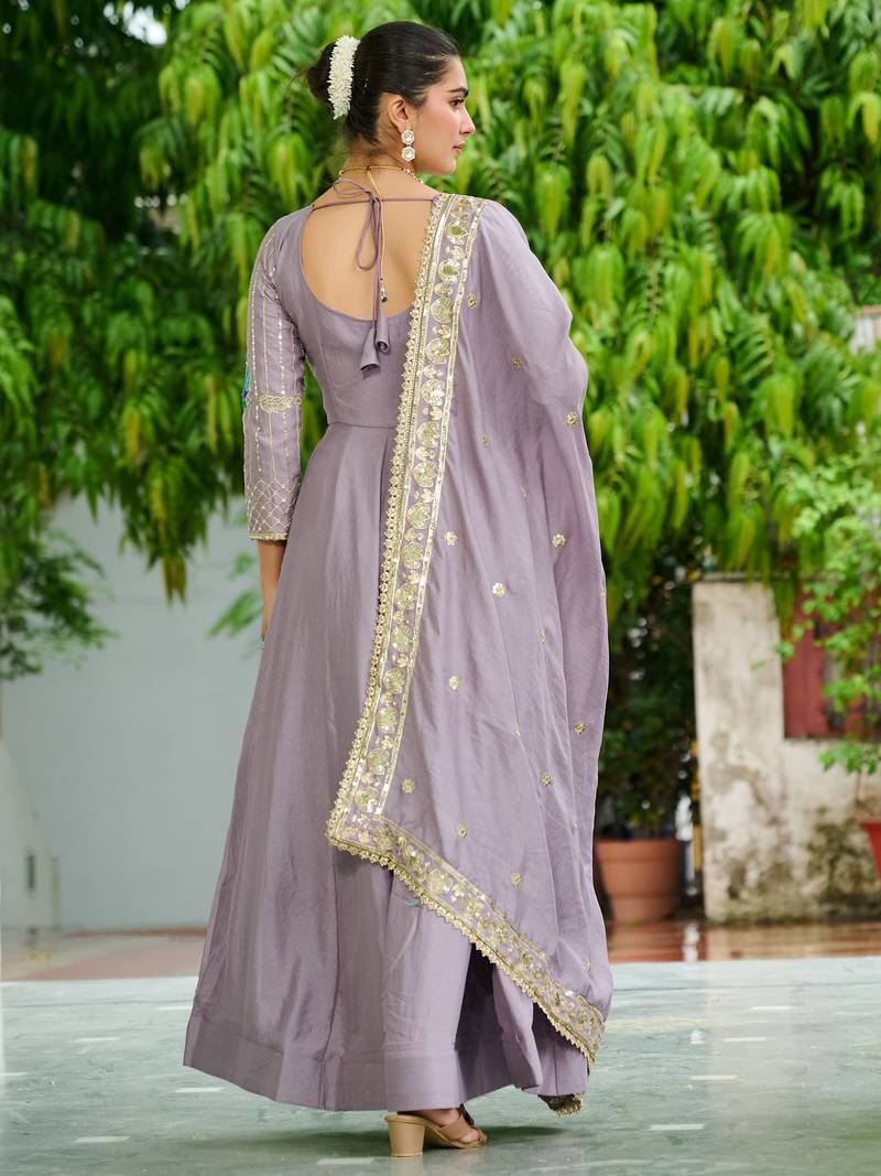 Purple Sequins Silk Festive Wear Gown With Dupatta