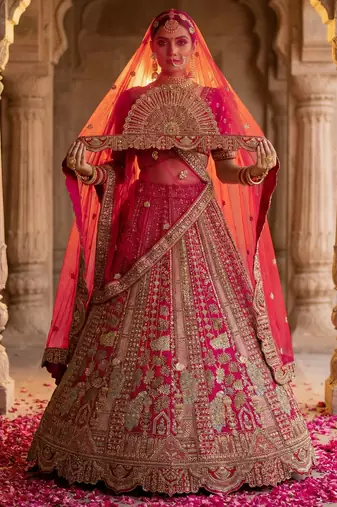  pink embroidered silk bridal lehenga set choli with dupatta with double dupatta
