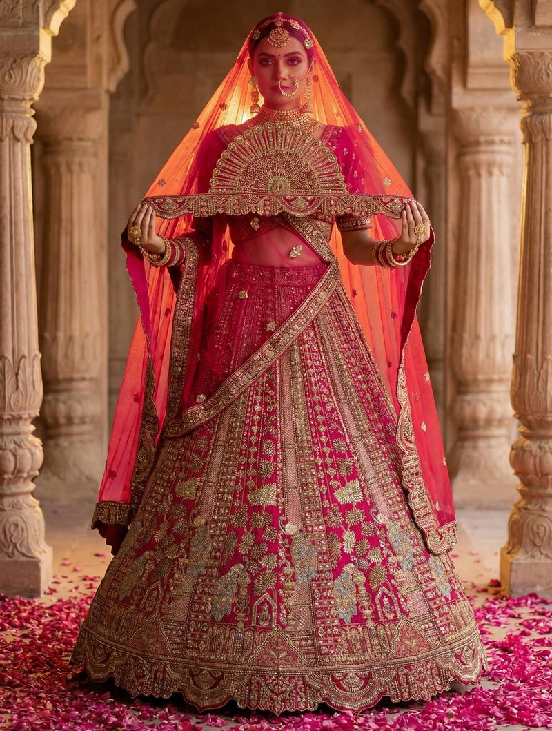  pink embroidered silk bridal lehenga set choli with dupatta with double dupatta
