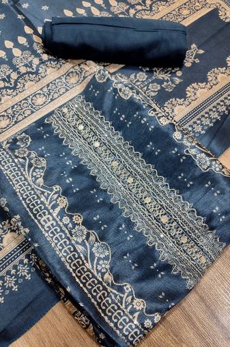 navy blue assam silk digital printed dress material