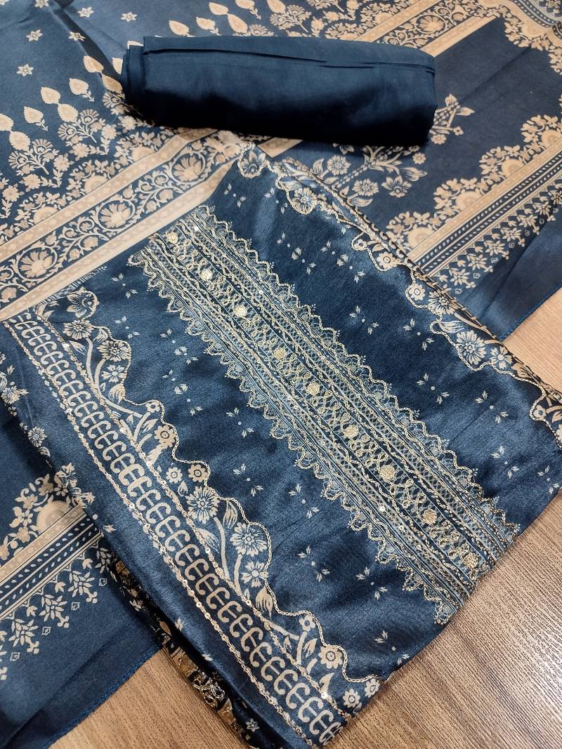 navy blue assam silk digital printed dress material
