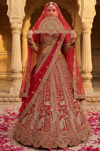  red embroidered silk bridal lehenga set choli with dupatta with double dupatta