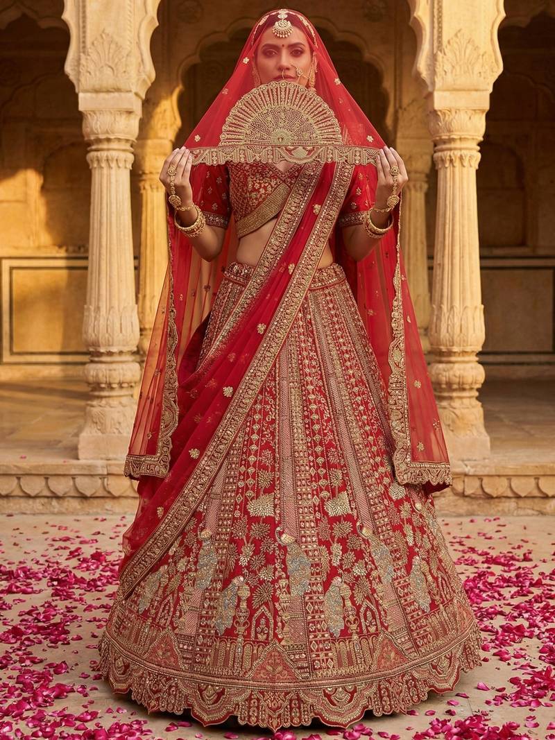  red embroidered silk bridal lehenga set choli with dupatta with double dupatta