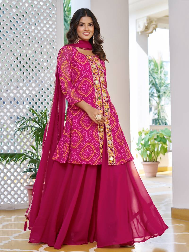  Pink Embroidered Georgette Function Wear Palazzo Suit