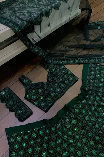 Green Net Sequins Umbrella Lehenga Choli