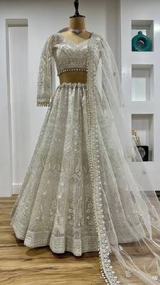 White sequins and thread work net lehenga Choli With Dupatta 2