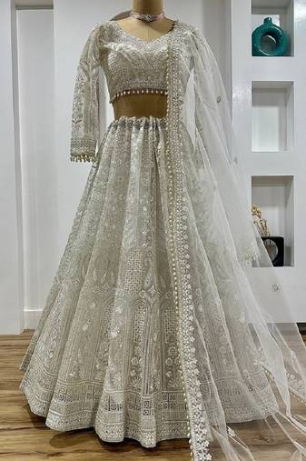 White sequins and thread work net lehenga Choli With Dupatta