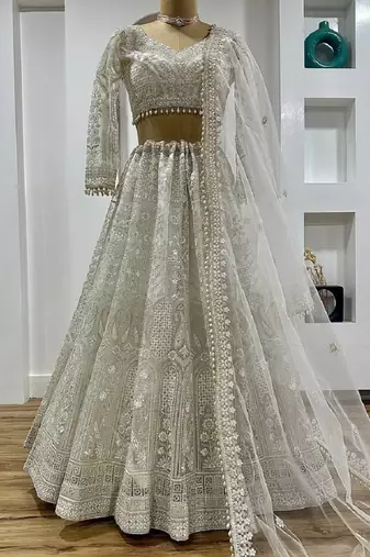 White sequins and thread work net lehenga Choli With Dupatta